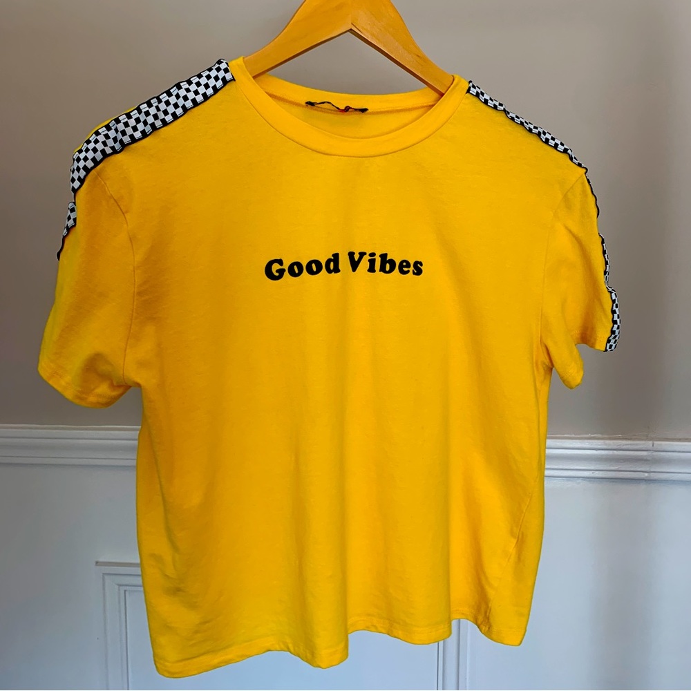 Posh Posh Golden Yellow “Good Vibes” Tee with Checkered Flag Shoulders/Sleeves
